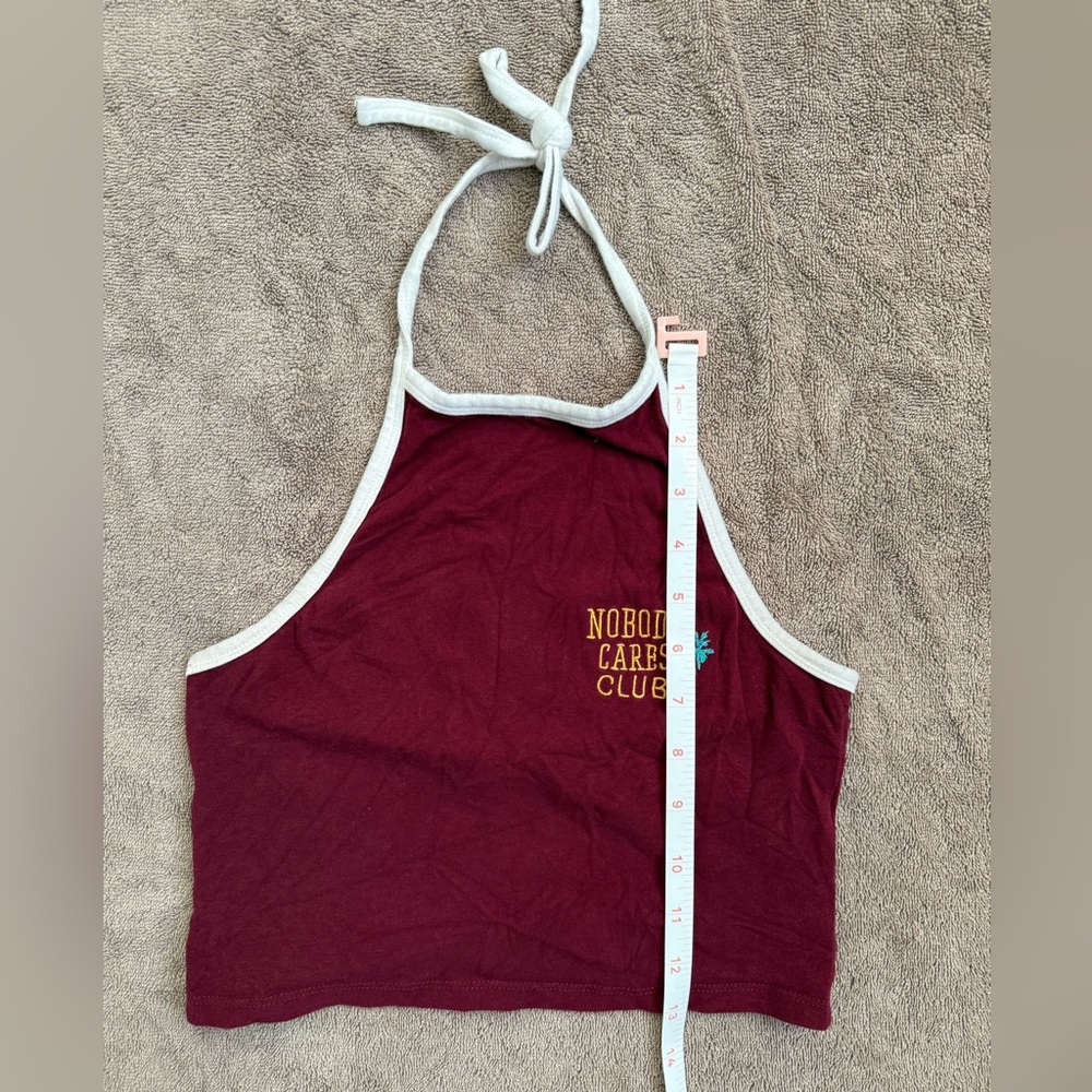 🌴Forever 21 Maroon Nobody Cares Club Embroidered Maroon Halter Crop Top - Medium - Picture 5 of 6